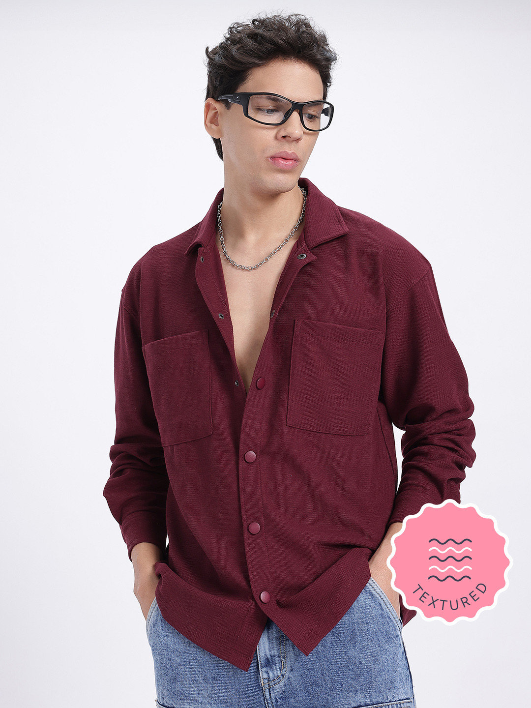 glitchez Zig Zag Textured Drop-Shoulder Relaxed Fit Shirt
