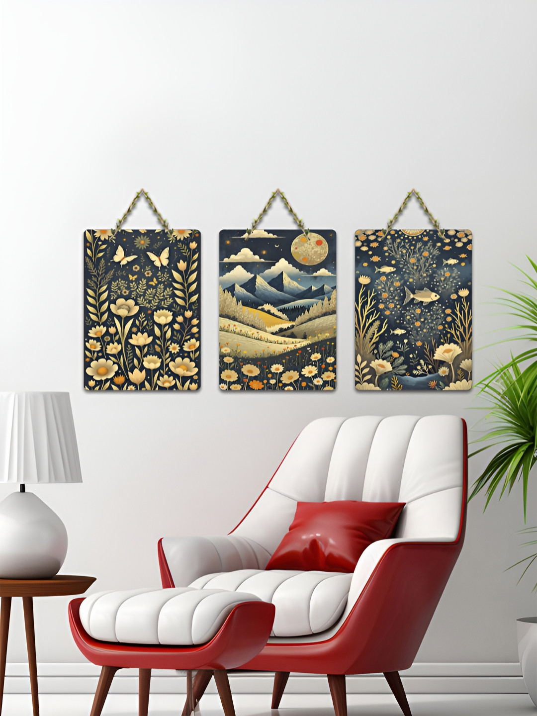ArtVibes Beige & Navy Blue 3 Pieces Natures Calm in Gold Tones Printed Wall Hanging Decors