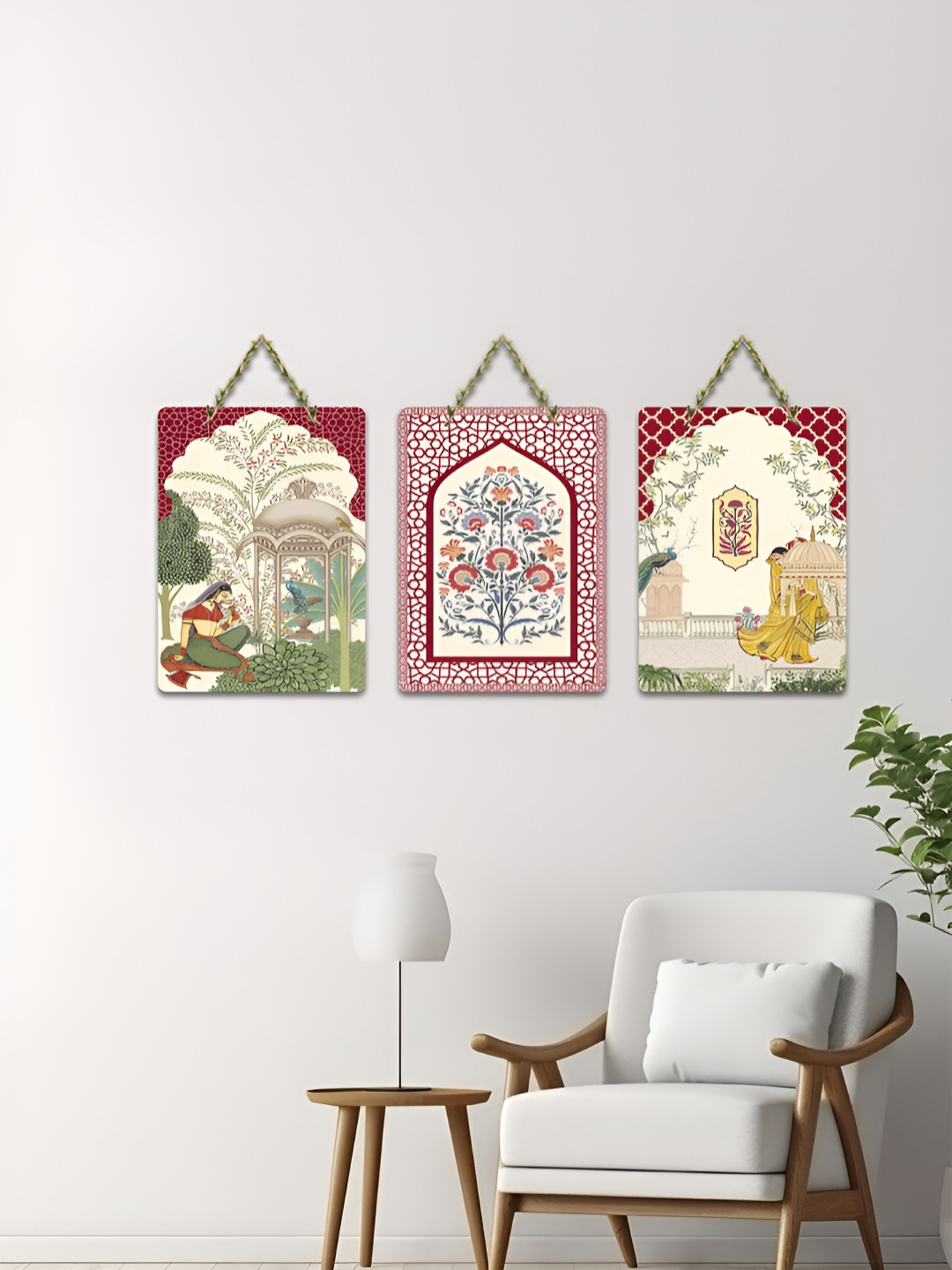 ArtVibes Beige & Maroon 3 Pieces Raj Mahal Printed Wooden Wall Hanging Decors