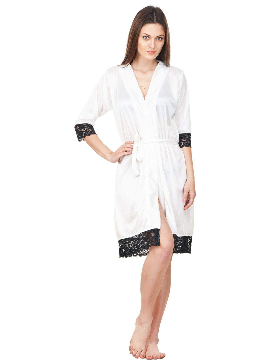 PHALIN Solid Satin Robe Set - White (Size - Free )