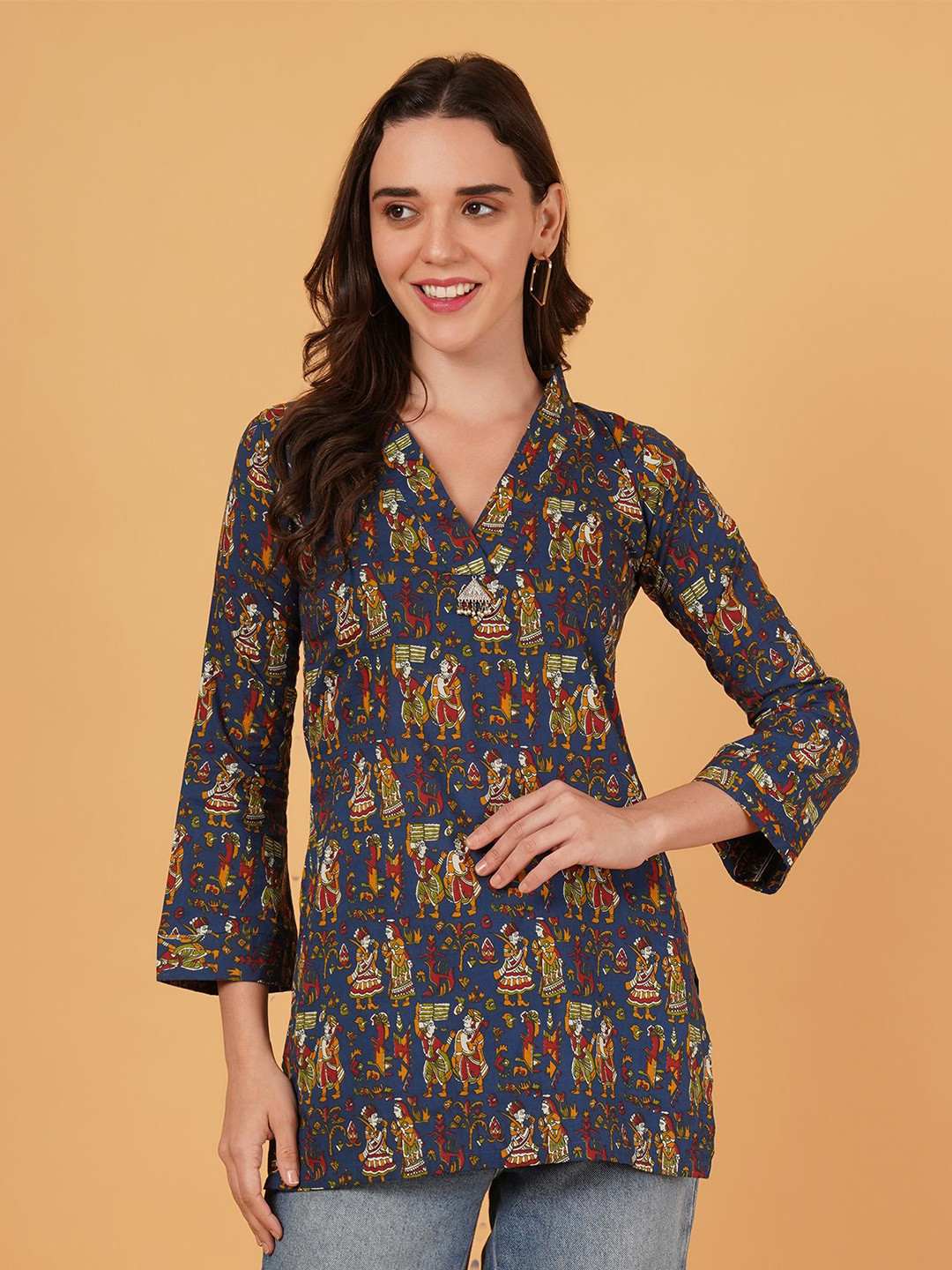 PFFASHION Women Ethnic Motifs Kalamkari Printed V-Neck A-Line Regular Kurti