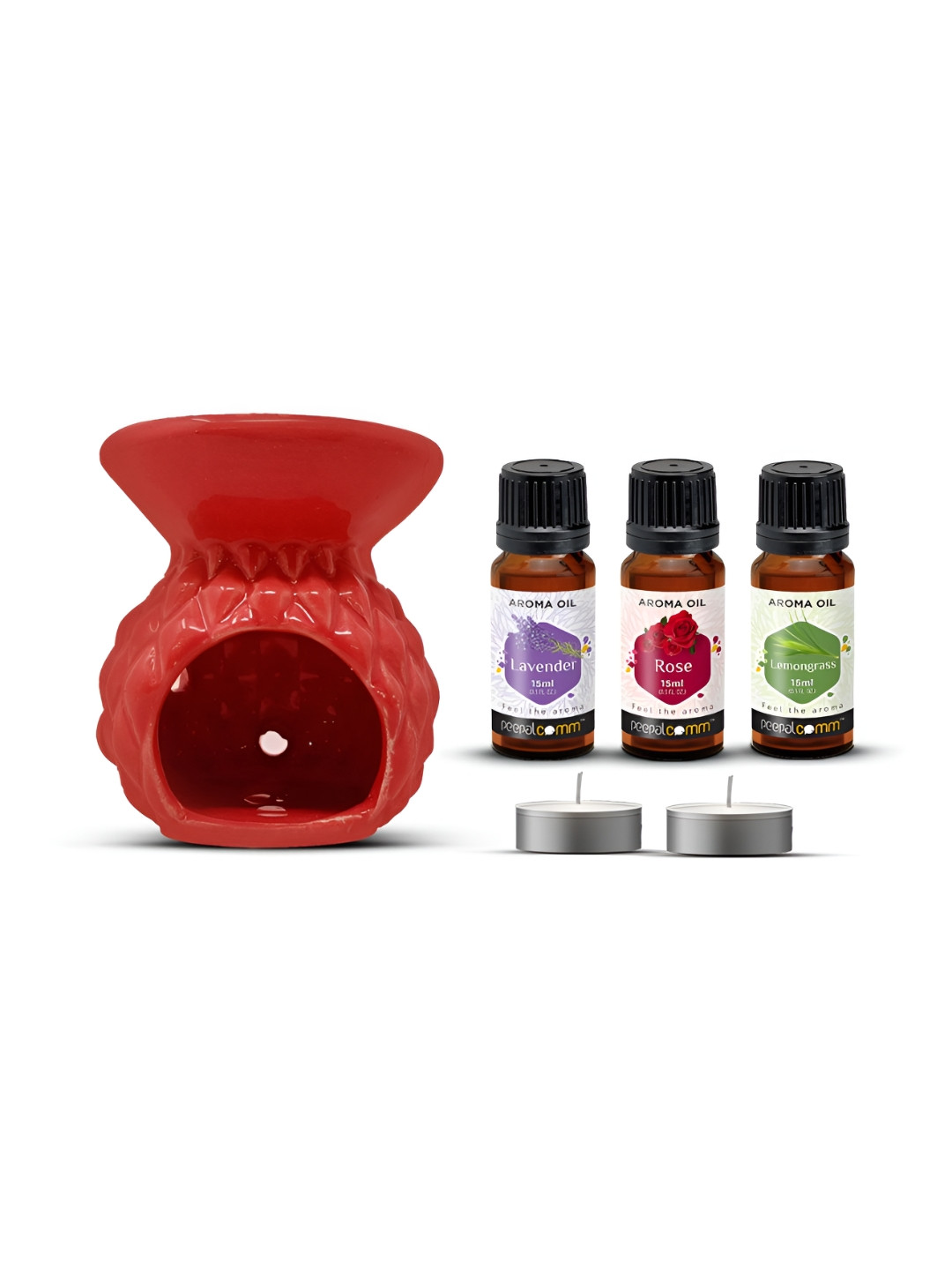 PEEPALCOMM 6Pcs Red Textured Ceramic T-light Aroma Diffuser With Oils - 15 ml Each