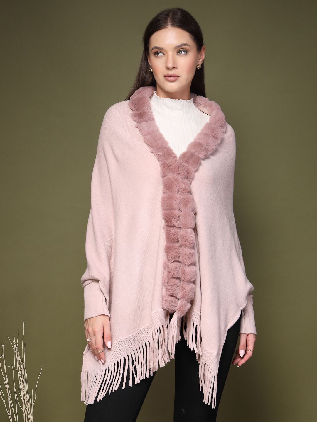Mafadeny Women V-Neck Faux Fur Border and Fringe Hem Poncho