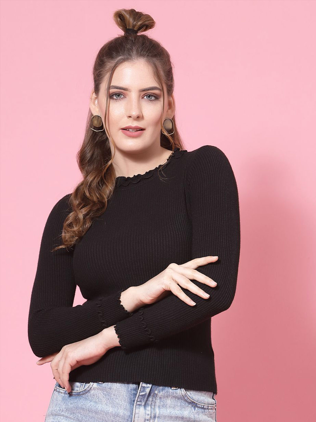 Mafadeny Ruffled Ribbed Long Sleeve Top