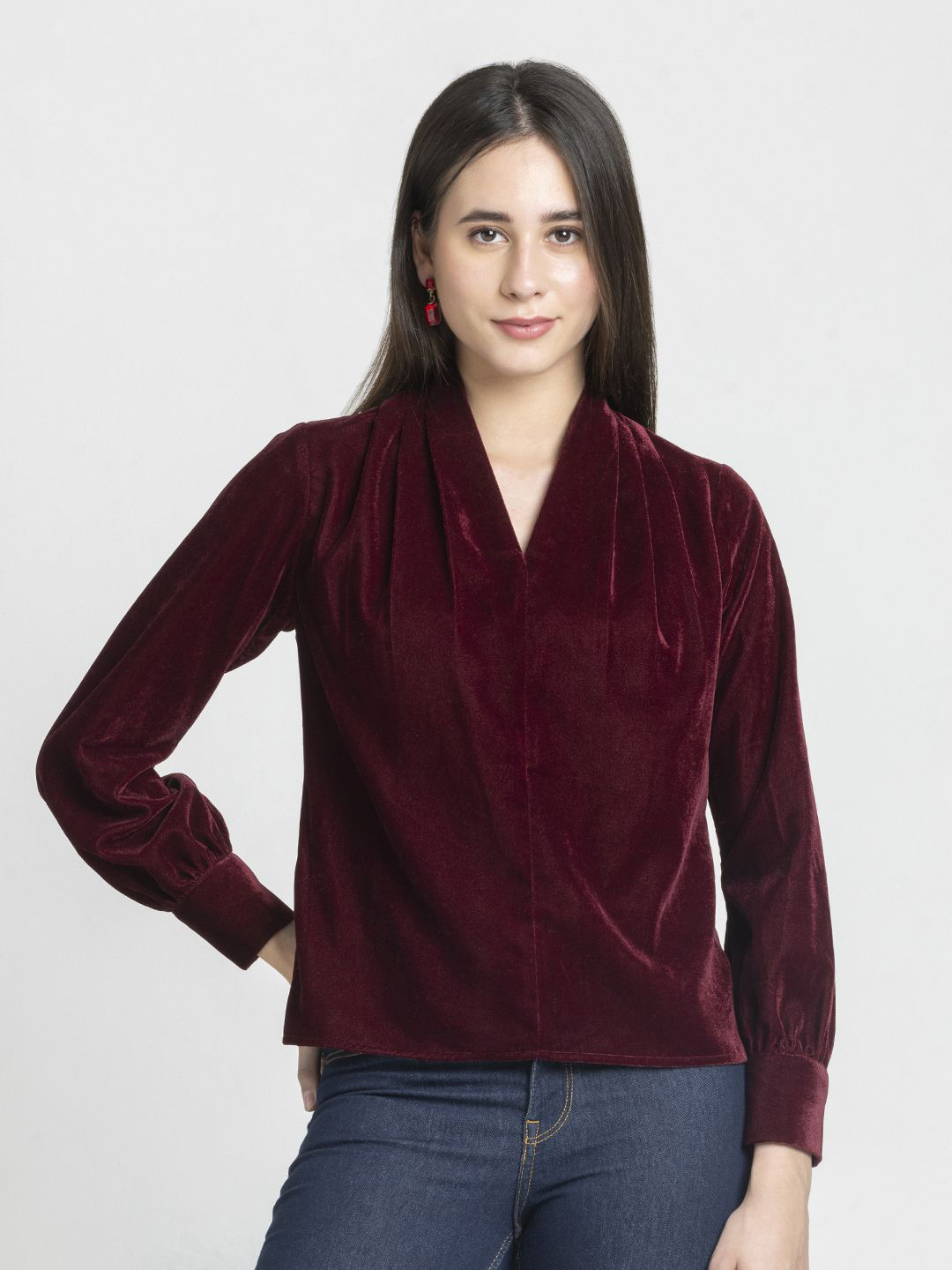 SHAYE Women Maroon V-Neck Solid Full Sleeves Tops