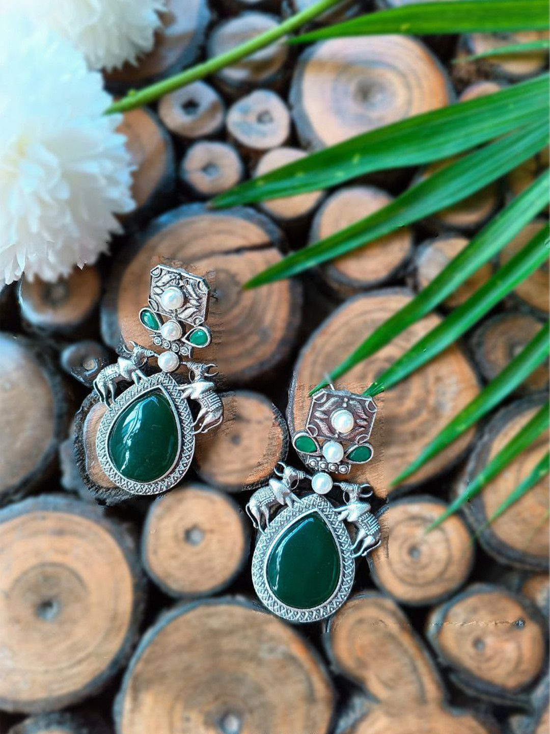 Poush Luxury Stones Studded & Beaded Oxidised Bull Teardrop Shaped Drop Earrings