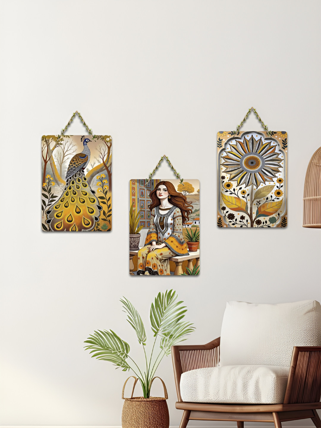 ArtVibes Yellow 3 Pieces Amber Grace Peacock Beauty & Bloom Wooden Hanging Wall Arts