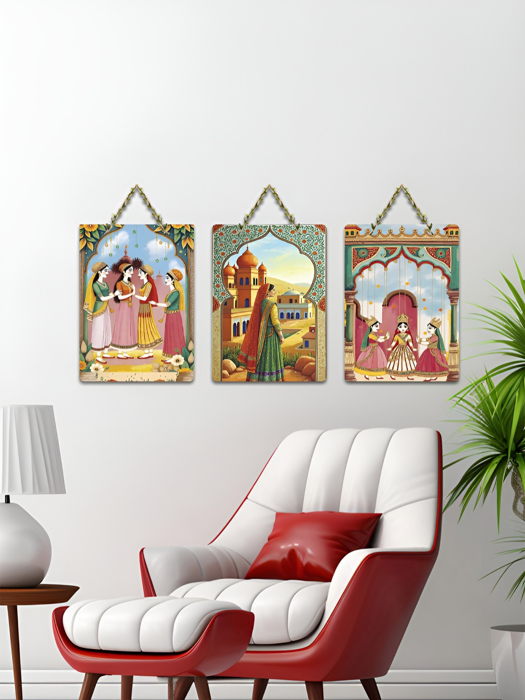 ArtVibes Pink & Green 3 Pieces Royal Courtyard Tales Printed Wooden Hanging Wall Arts