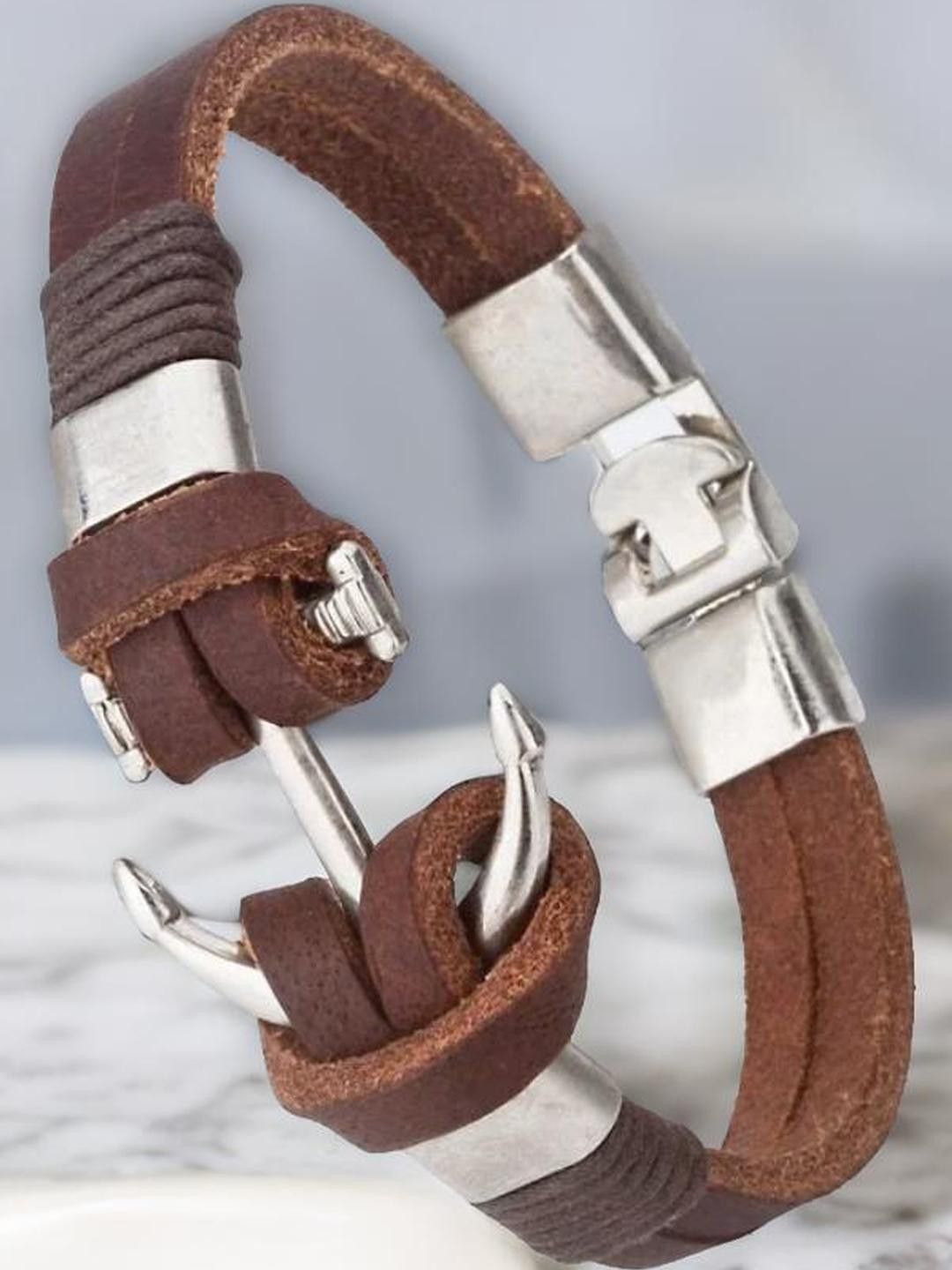 Brown Pirate Anchor Sterling Silver Leather Bracelet For Men