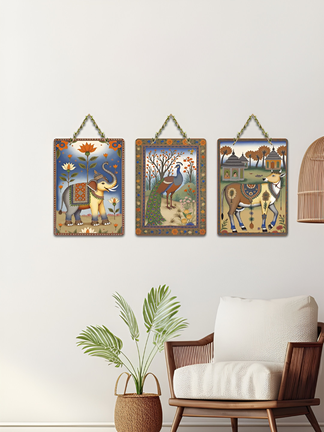 ArtVibes Blue & Green 3 Pieces Sacred Beings of the Land Printed Wooden Hanging Wall Arts
