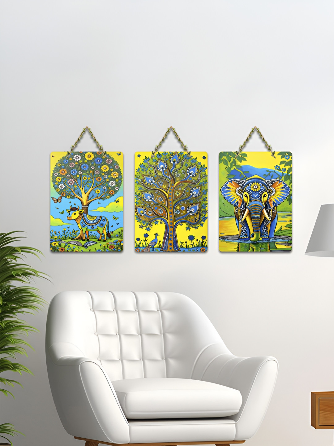 ArtVibes Yellow 3 Pieces Traditional Madhubani Animal Panels Wooden Hanging Wall Arts