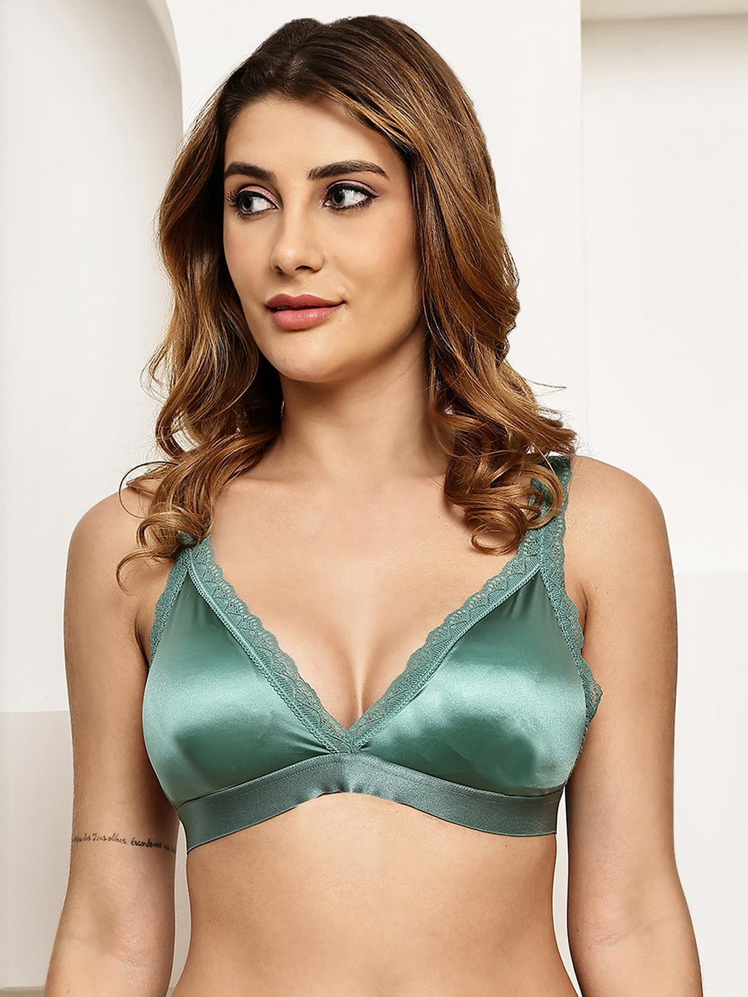 PrettyCat Green Underwired Satin Plunge Bra