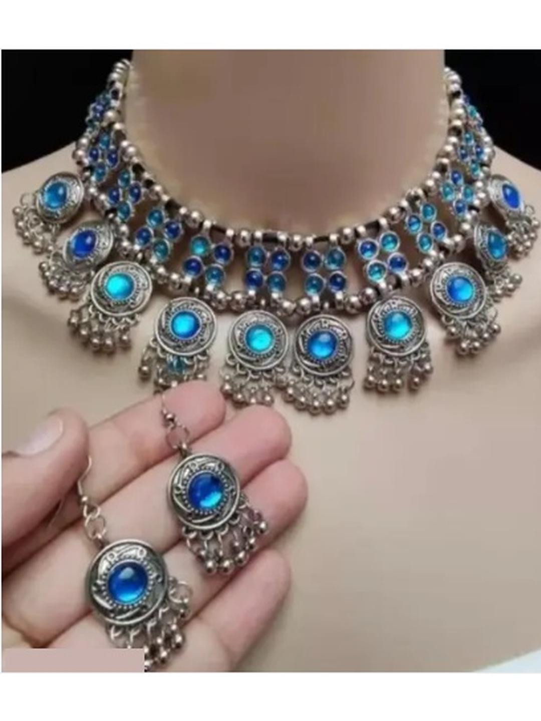 Sangria Alloy Silver-Toned Blue Jewellery Set