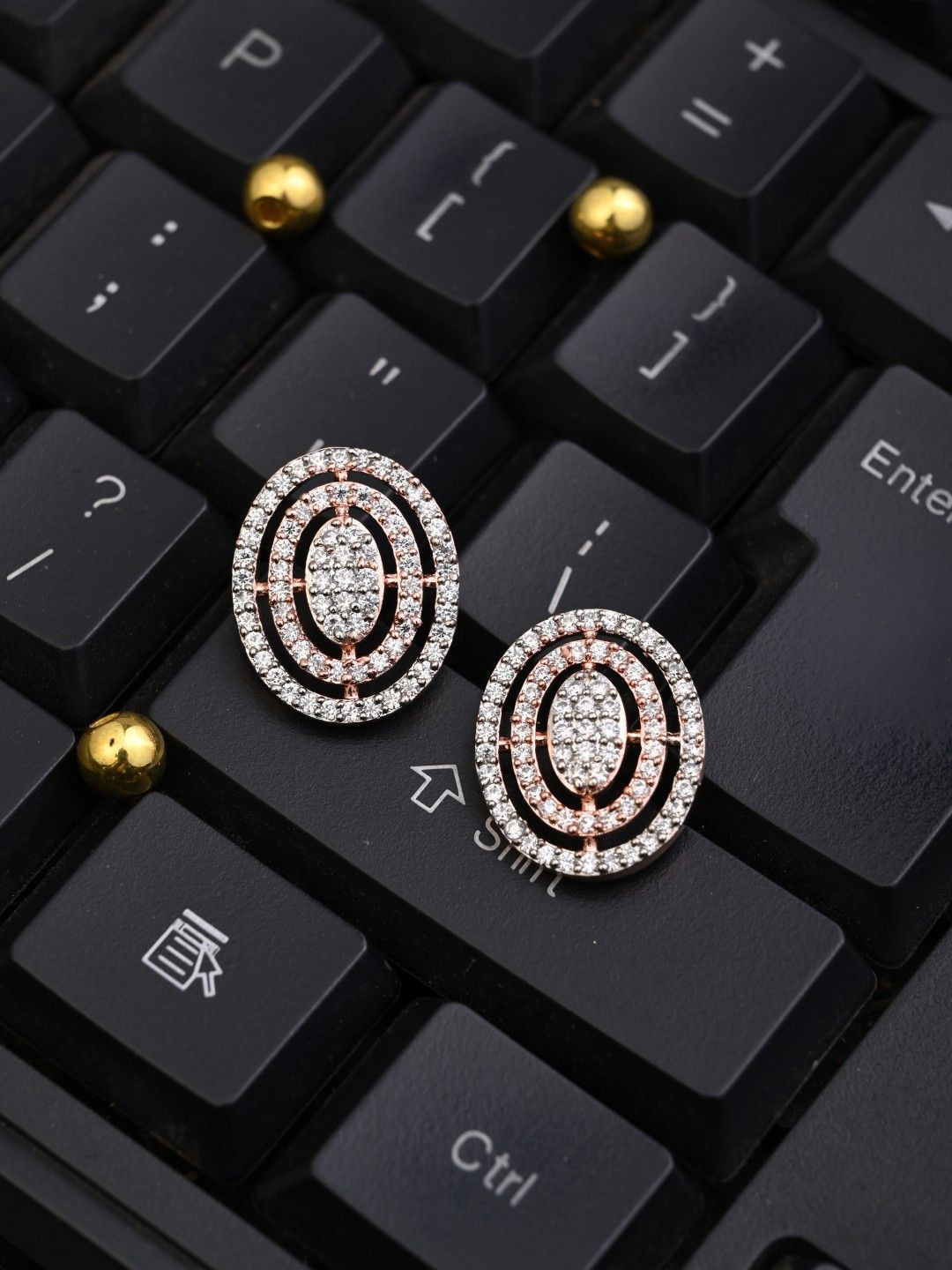 Anvik Rose Gold-Plated American Diamond Studded Oval Studs