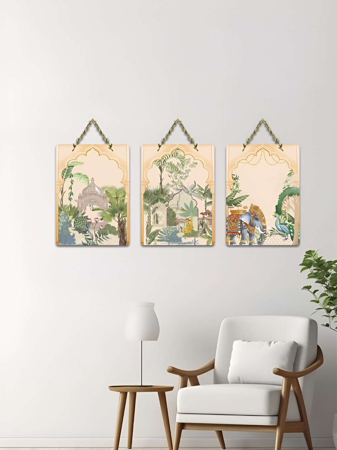 ArtVibes 3-Pcs Beige & Green Regal Courtyard Chronicles Printed Wooden Wall Hanging Decor