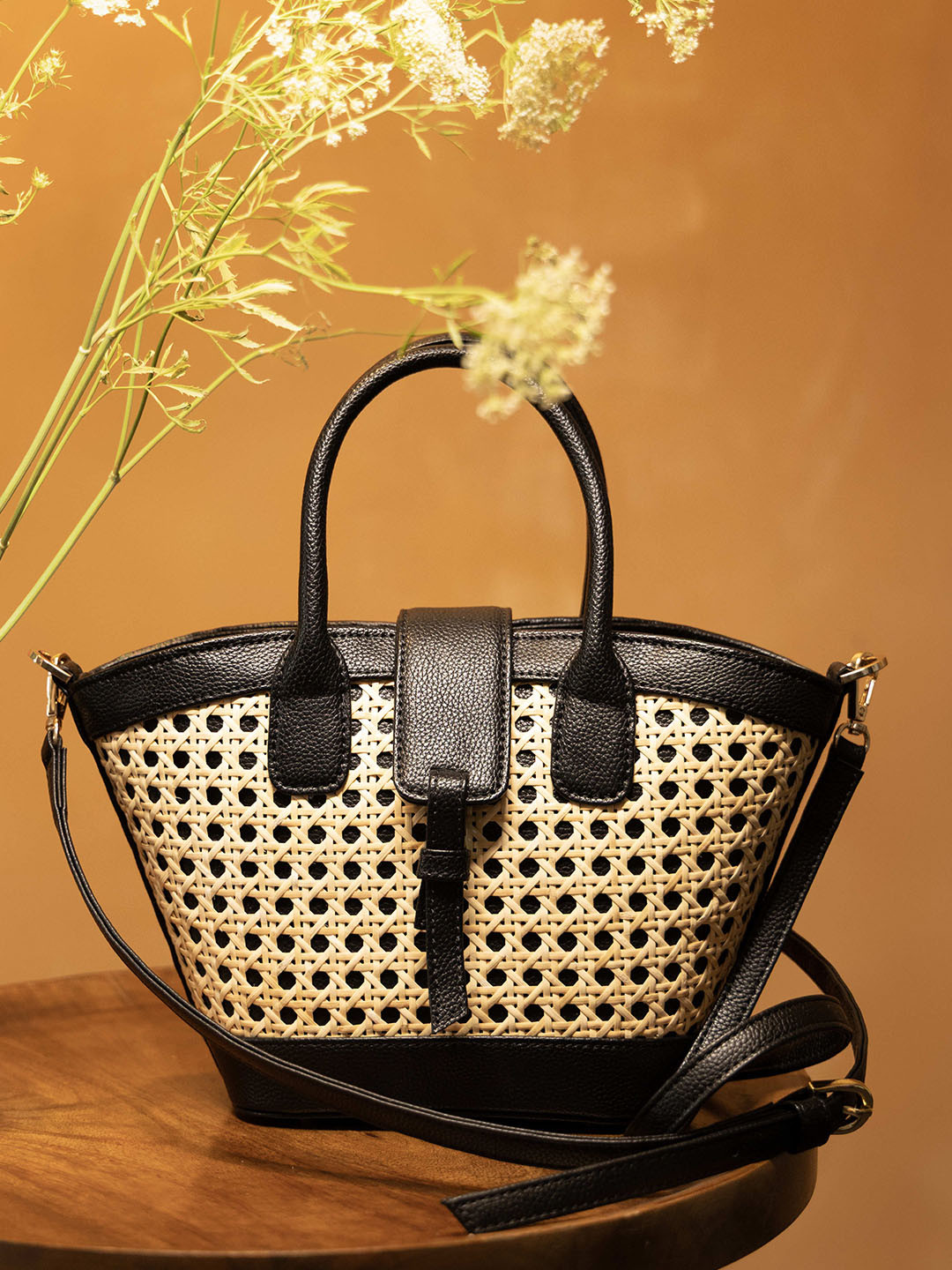 Suave Bags Women Textured Bucket Bamboo Cane & Vegan Leather Handheld Bag