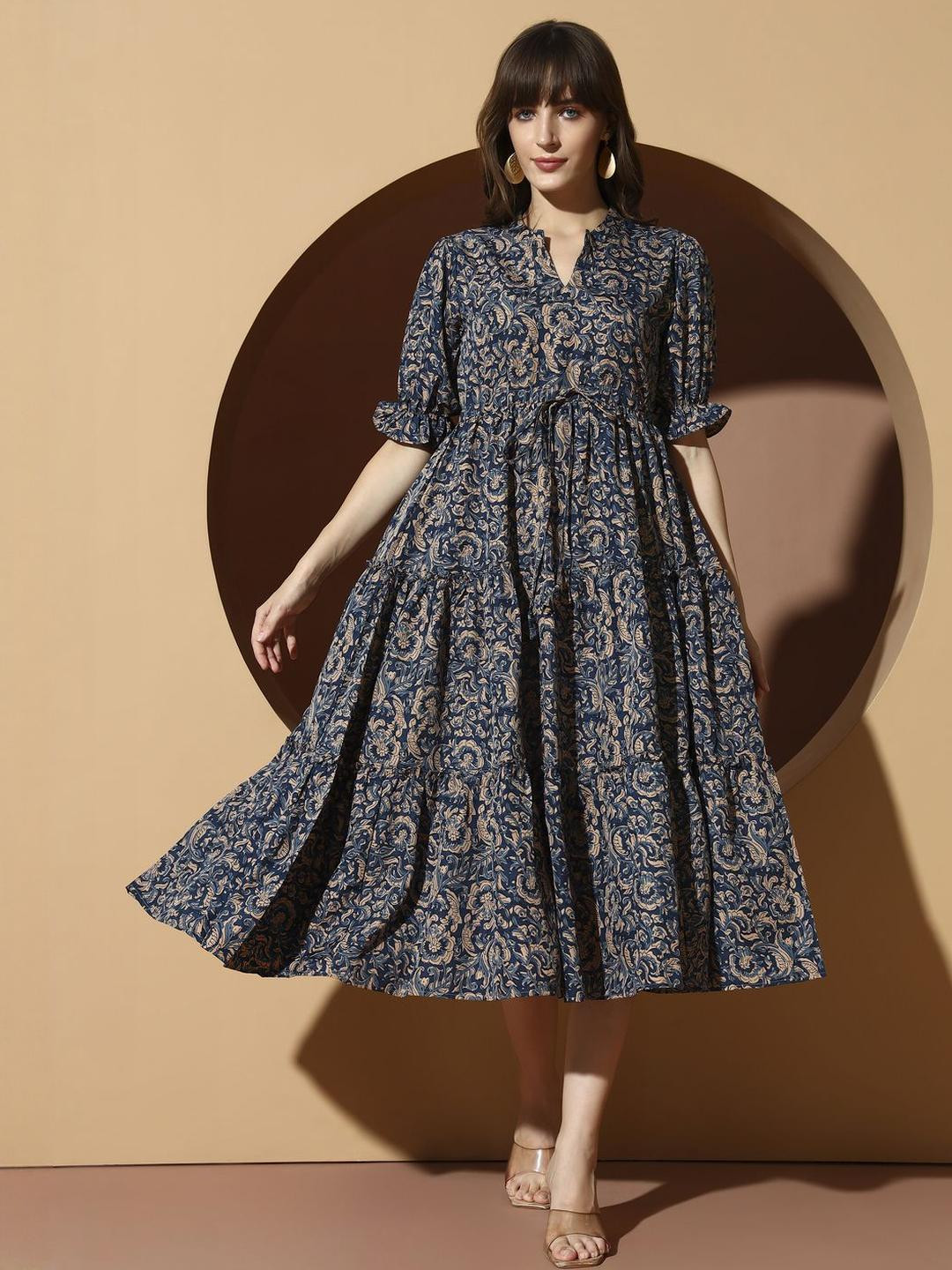 OTABU Women Floral Print Bell Sleeve Applique Fit and Flare Midi Dress