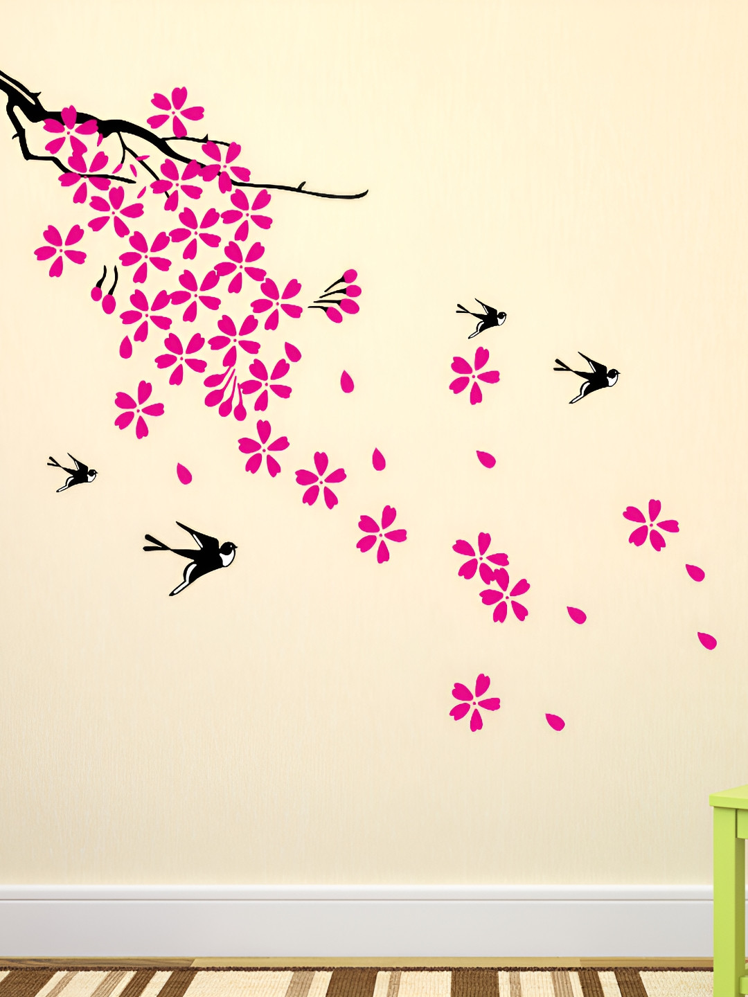 LANSTICK Pink Tree With Birds Self-Adhesive Wall Sticker