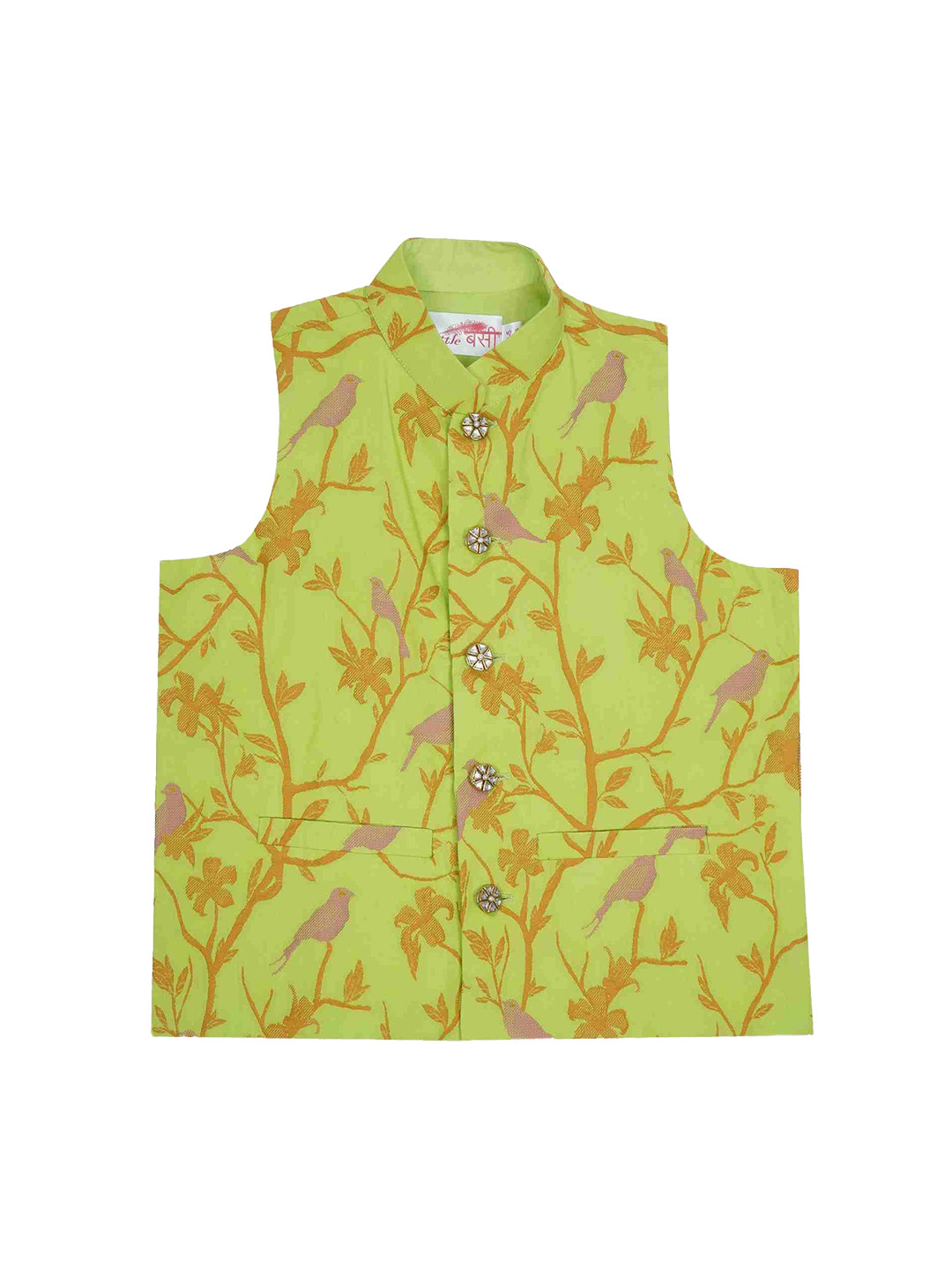 Little Bansi Boys Humming Bird & Floral Woven Design Cotton Nehru Jacket