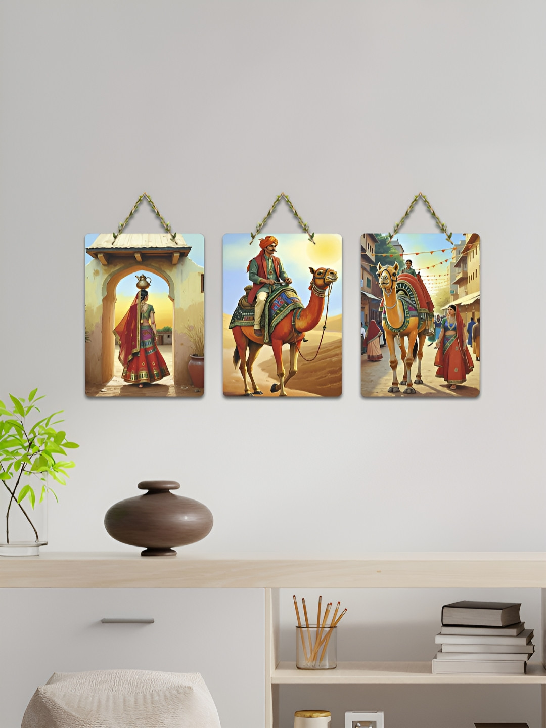 ArtVibes Beige 3 Pieces Rajasthan Diaries Heritage in Hues Wooden Hanging Wall Arts