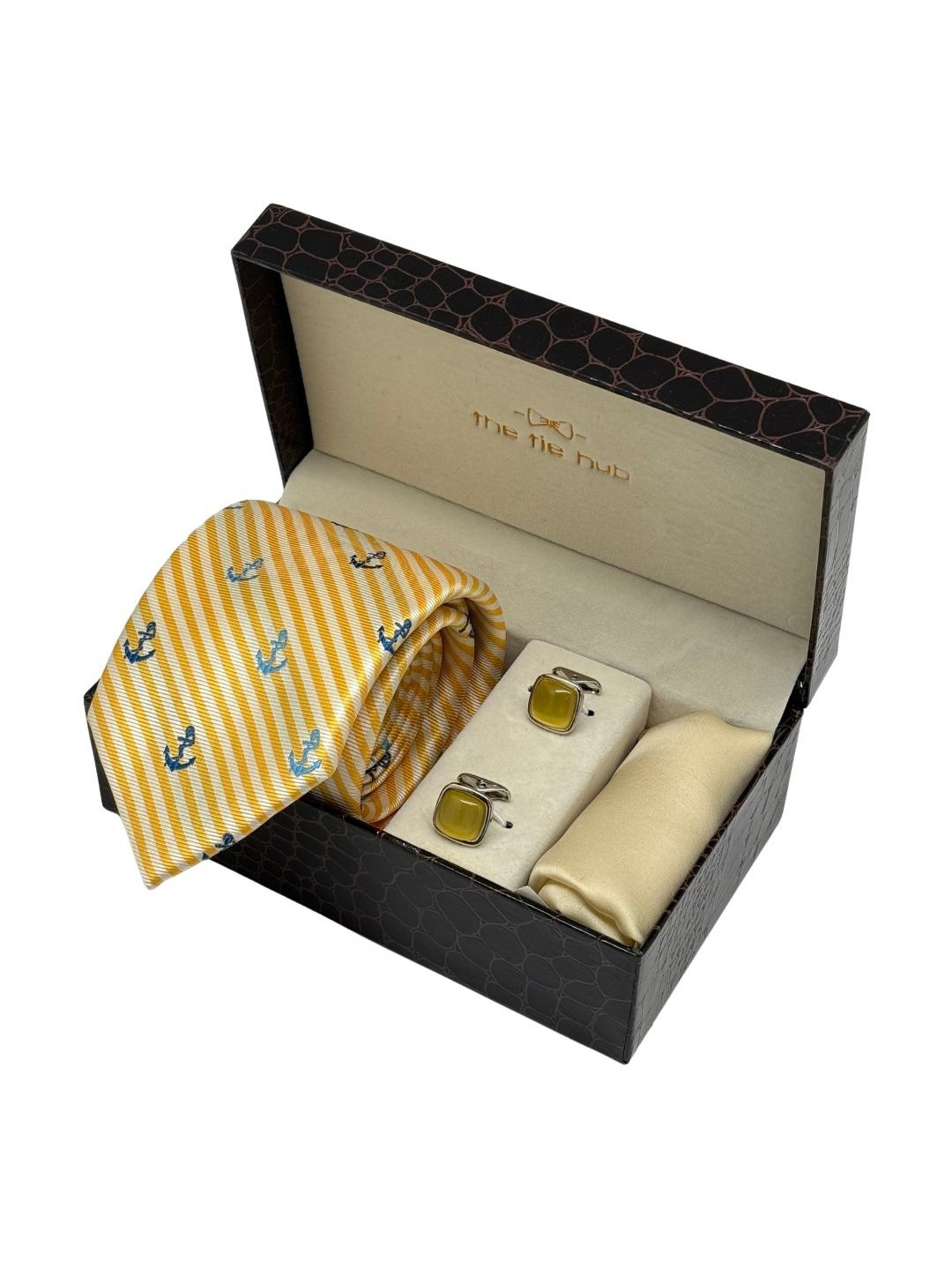 The Tie Hub Men Accessory Gift Set Of Anchor Stripe Necktie With Cufflinks & Pocket Square