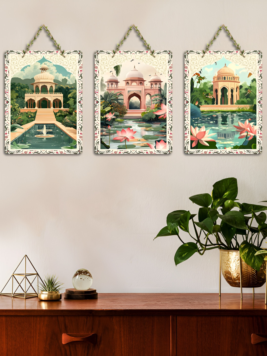 ArtVibes  Green & Beige 3 Pieces Mughal Printed Wooden Wall Hanging Decors
