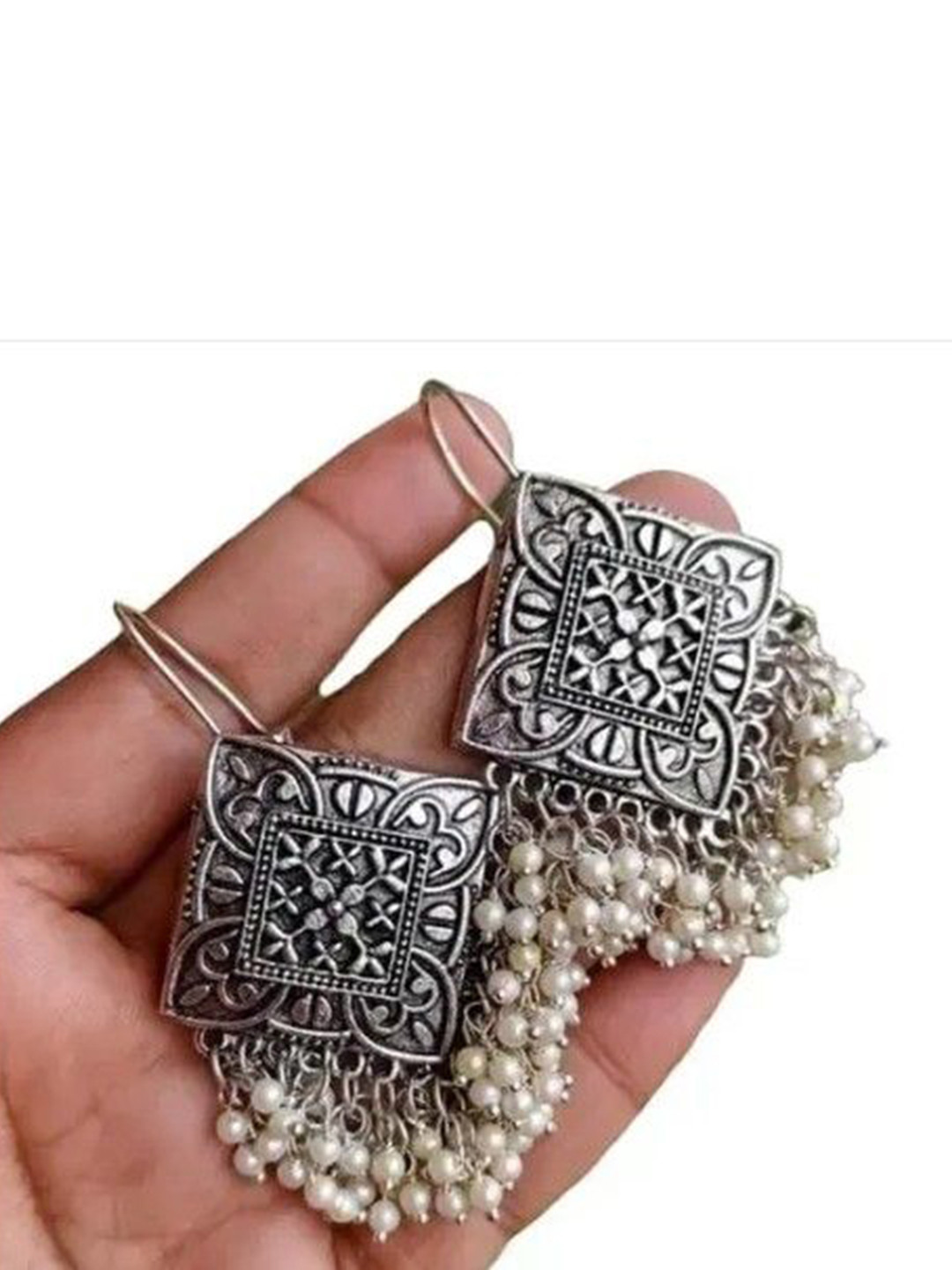 Samridhi DC Artificial Beaded Oxidised Diamond Shaped Drop Earrings