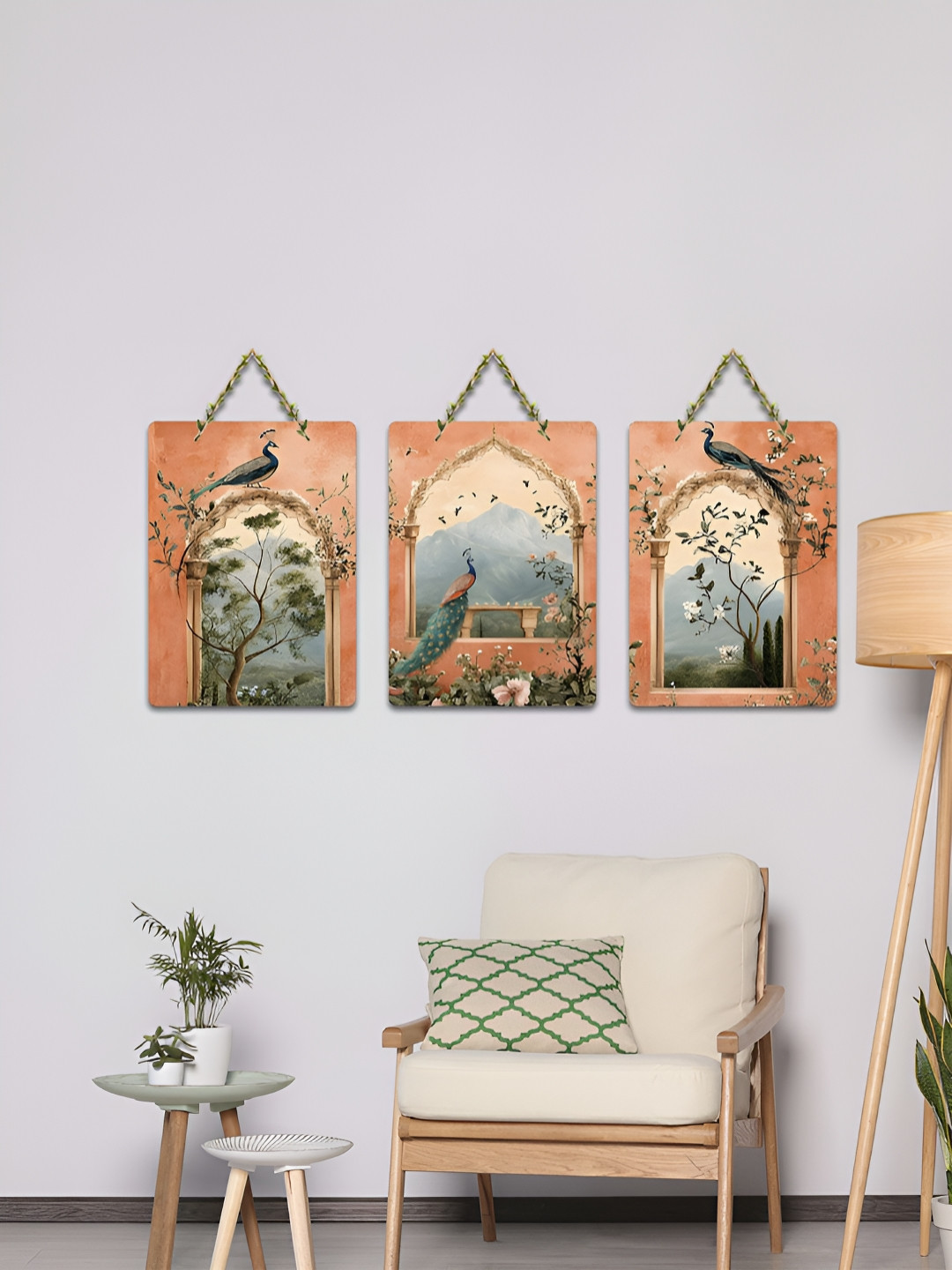ArtVibes Pink & Green 3 Pieces Palace Windows of Nature Printed Wooden Hanging Wall Arts