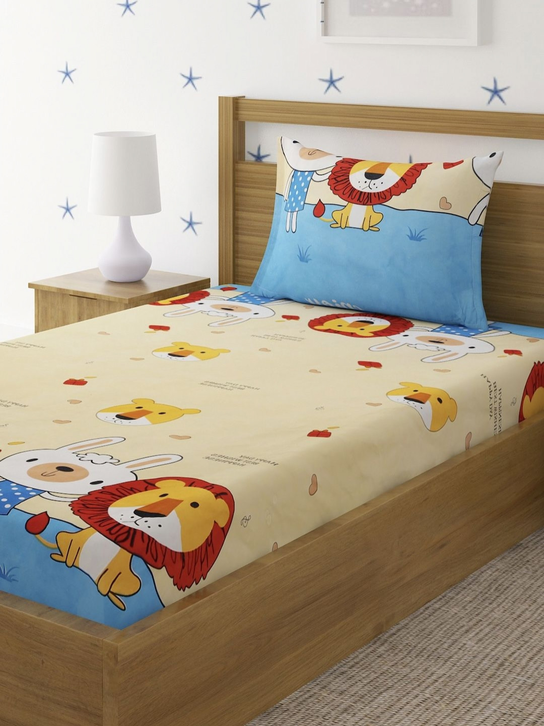 Myntra Elegant Homes Yellow Cartoon Characters 300 TC Single Bedsheet Set 1.52 m x 2.28 m