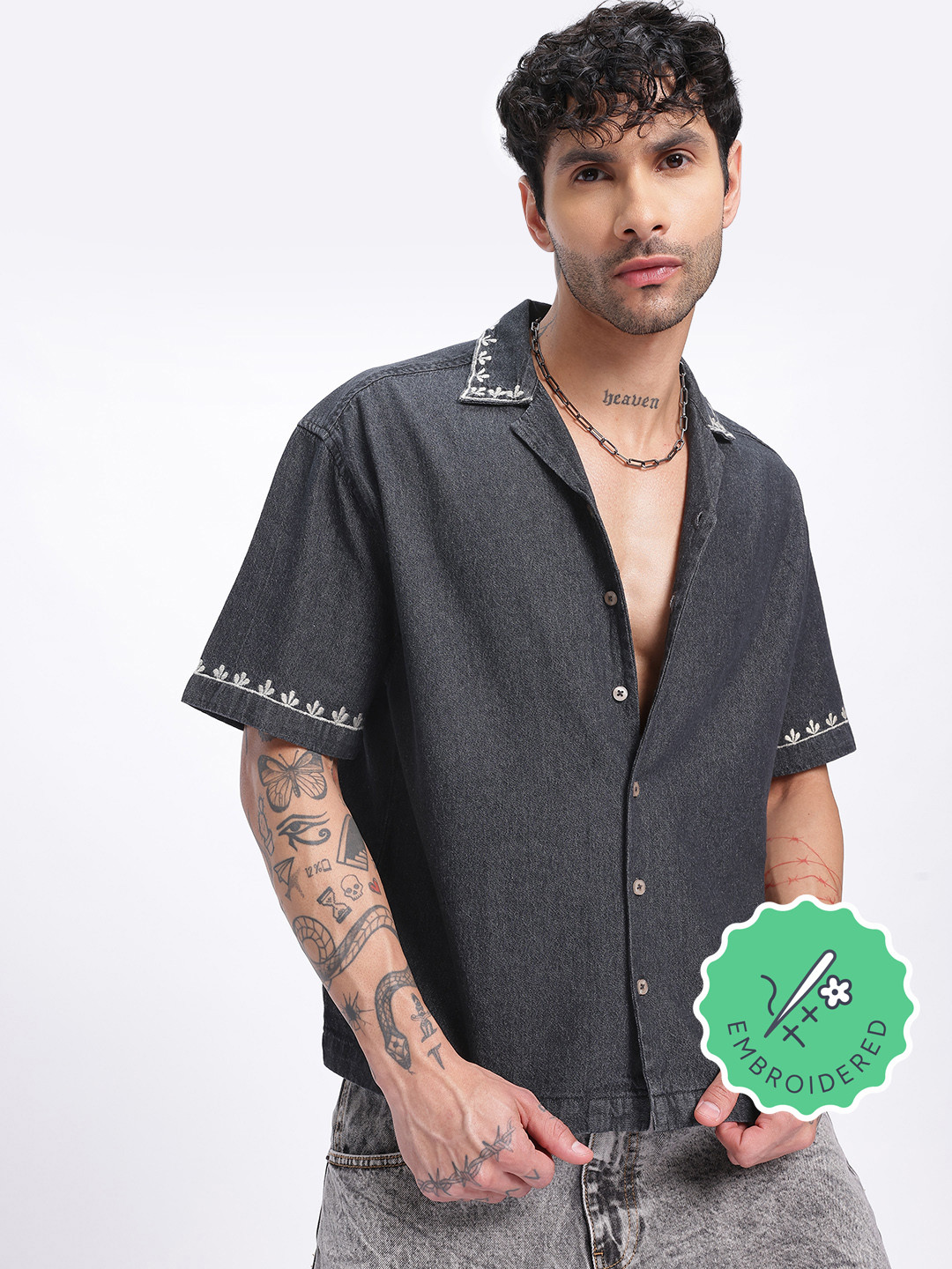 glitchez Chambray Embroidered Stitch Shirt