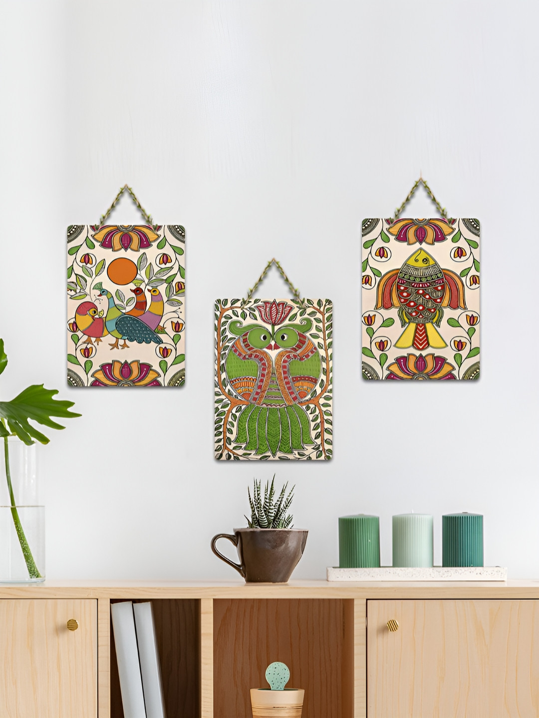 ArtVibes Green & Beige 3 Pieces Sacred Symbols of Mithila Printed Wooden Hanging Wall Arts