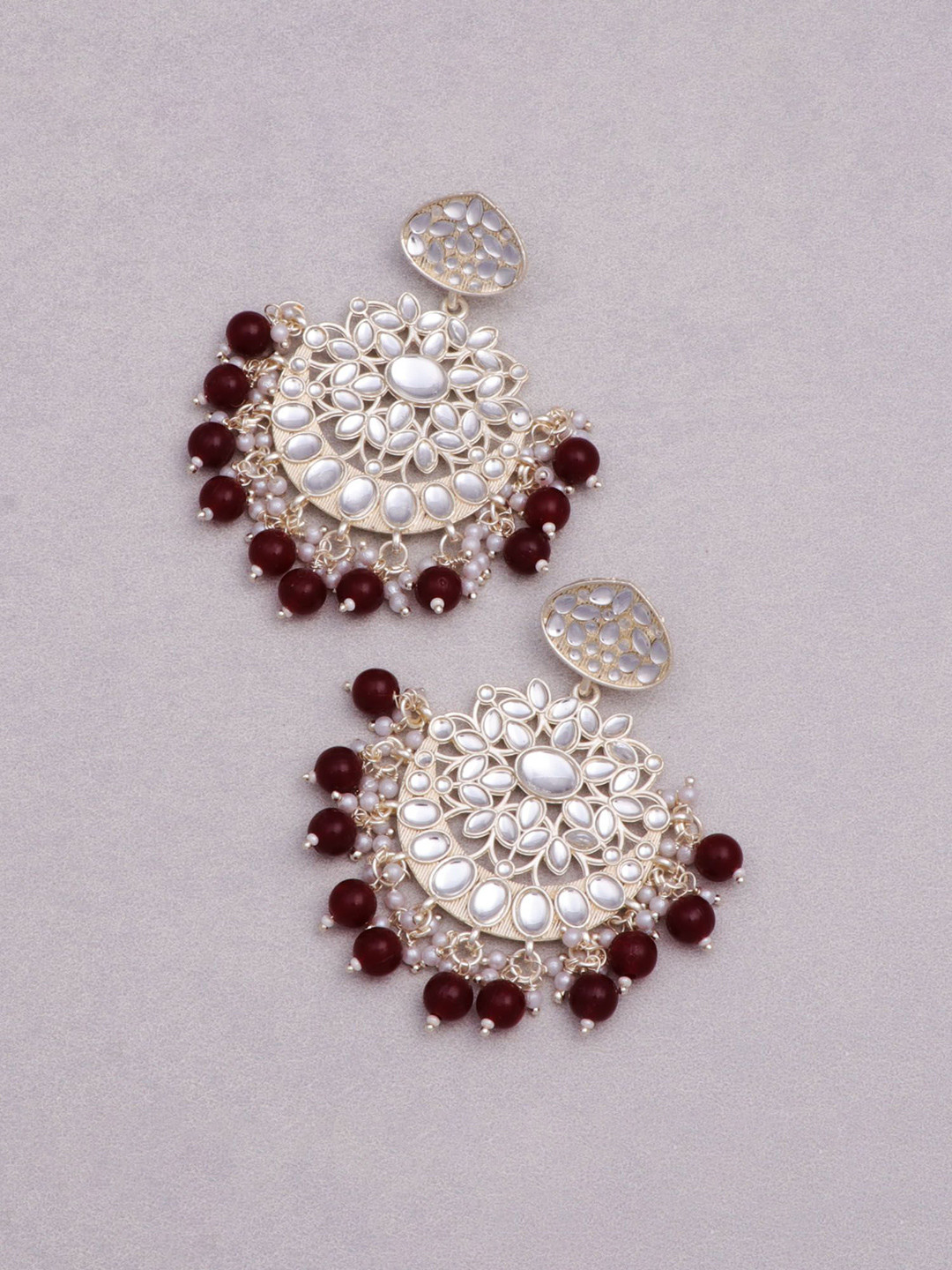 CAPILITE Jewellers Silver Plated Kundan Studded & Pearls Beaded Crescent Chandbalis