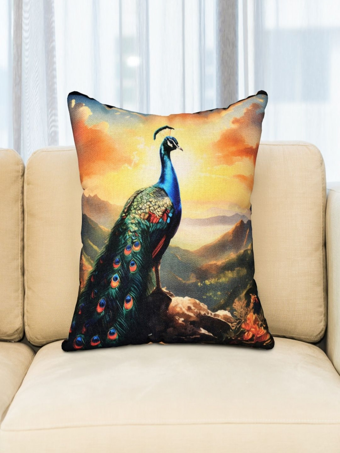 BED-SHEET.COM Green & Yellow Peacock Digital Printed Jute Cotton Square Cushion Cover