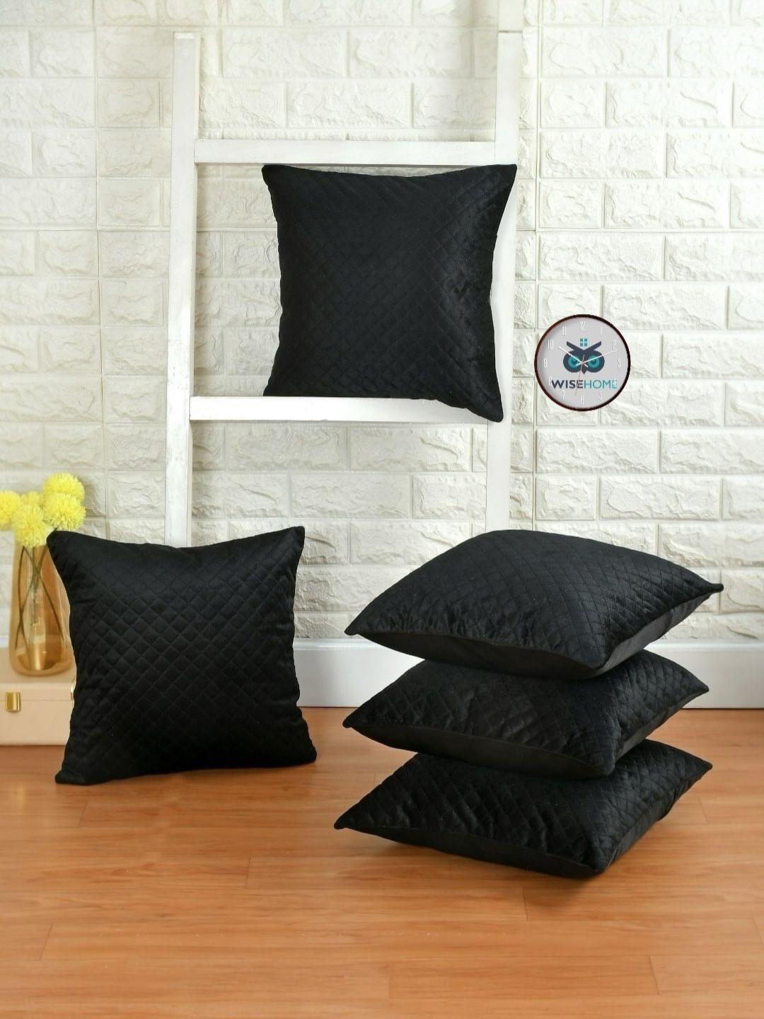 WISE HOME Black 5 Pieces Checked Velvet Square Cushion Covers