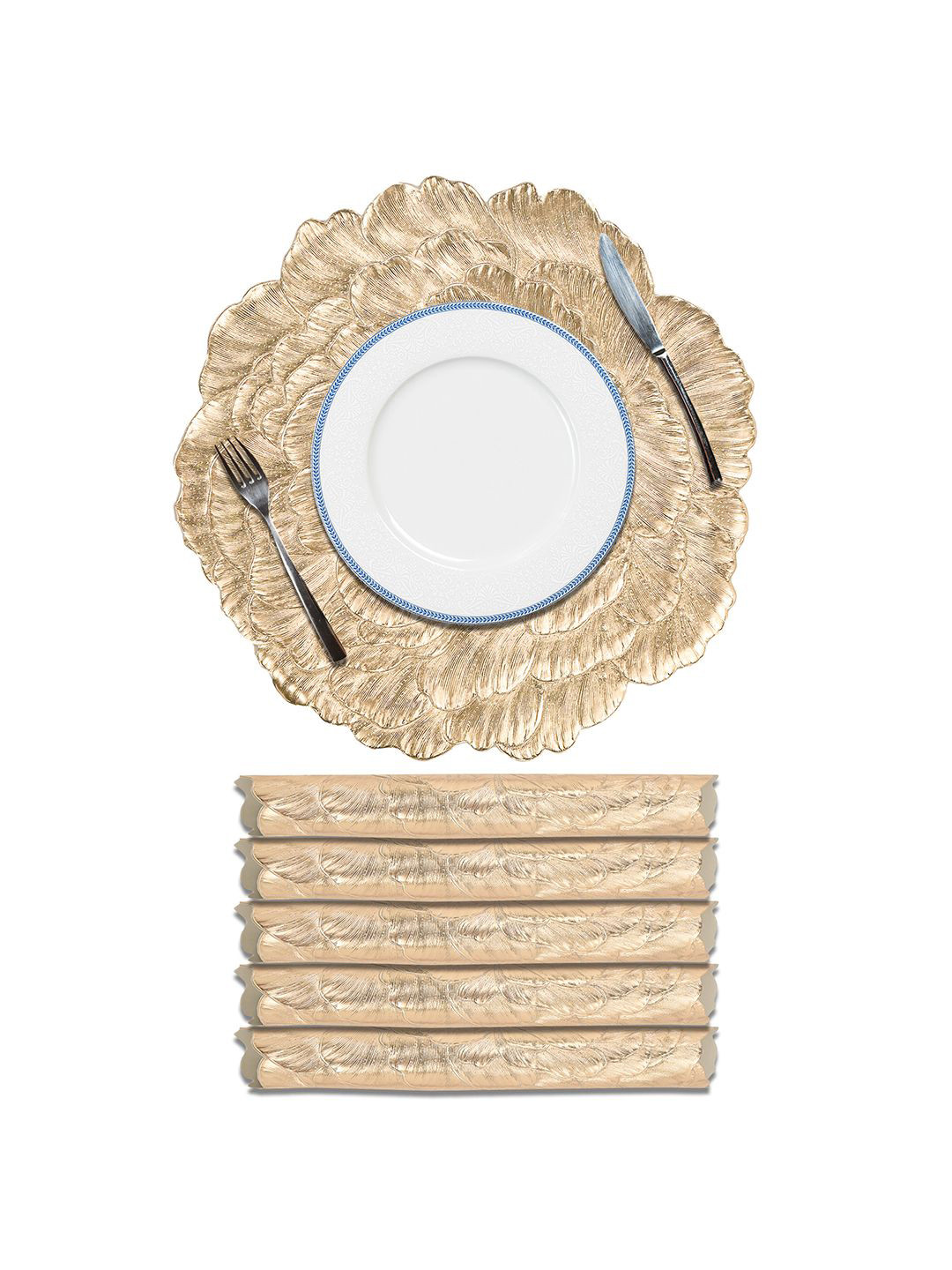 Kuber Industries Gold-Toned 6 Pieces Emboss Rose Anti-Slip Table Placemats