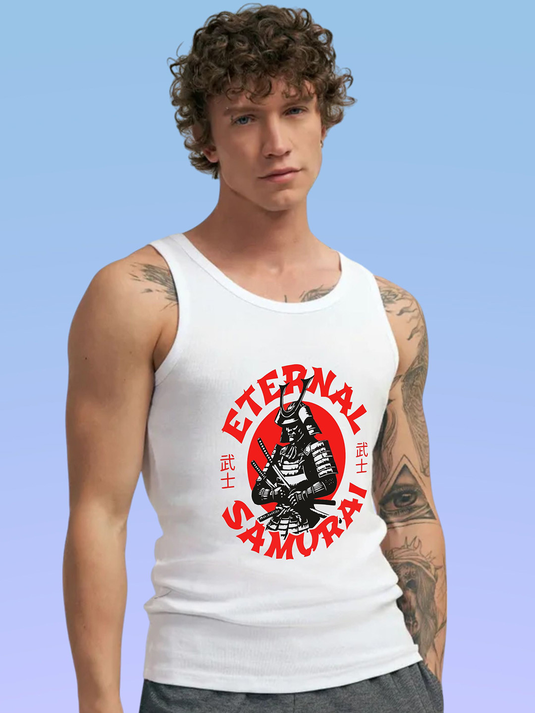 Uniplanet store Printed Scoop Neck Gym Vest UVM-ETRNAL-SAMURAI-WHT-S