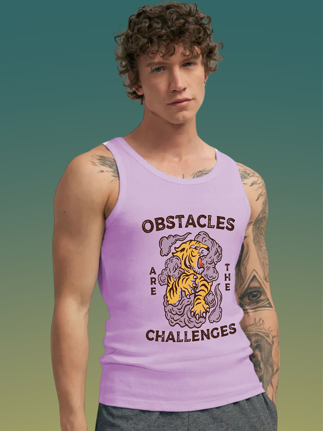 Uniplanet store Printed Scoop Neck Gym Vest UVM-OBSTACLES-TIGER-PRPL-S
