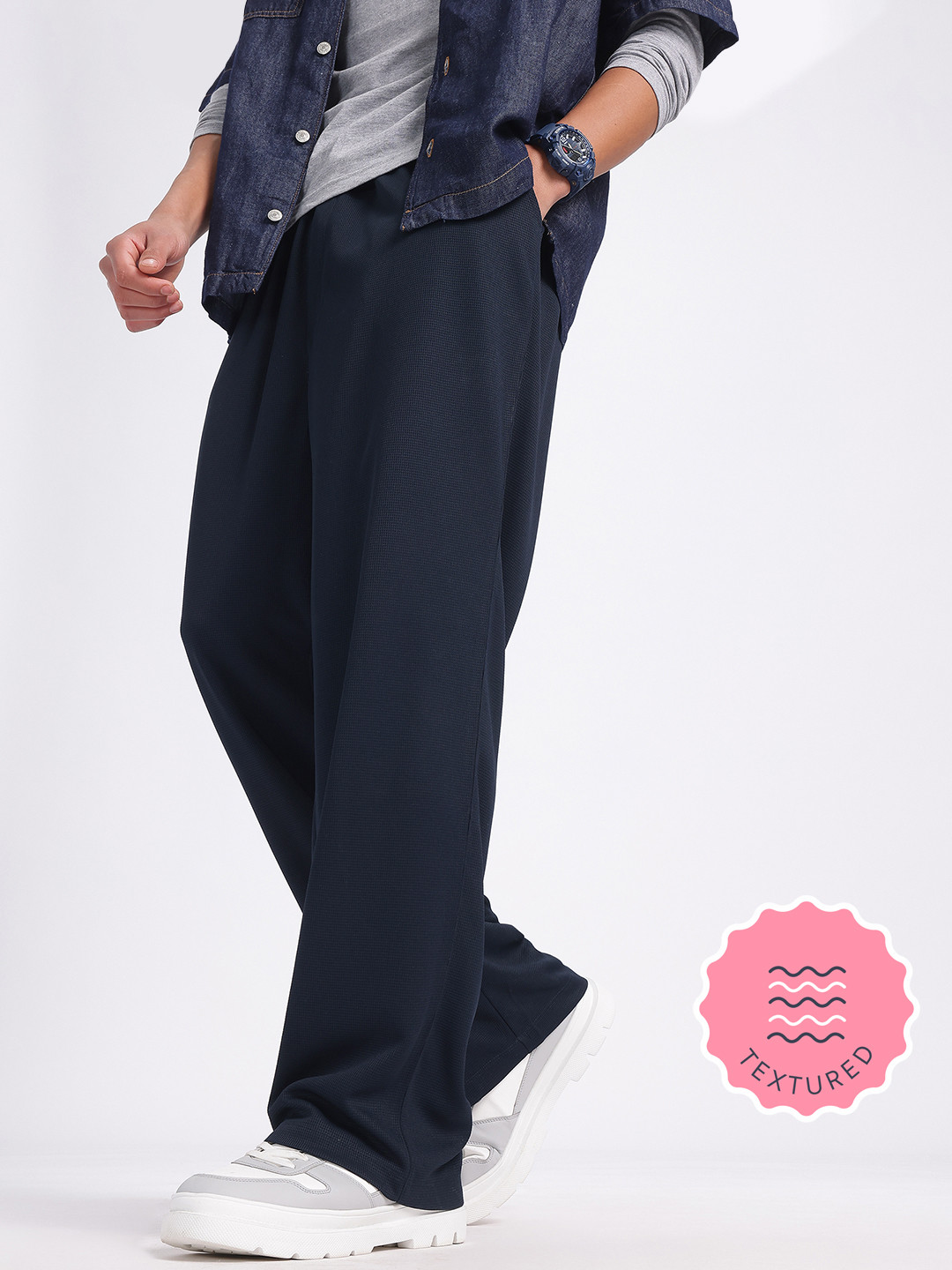 glitchez Men Waffle Knit Loose Fit Trousers