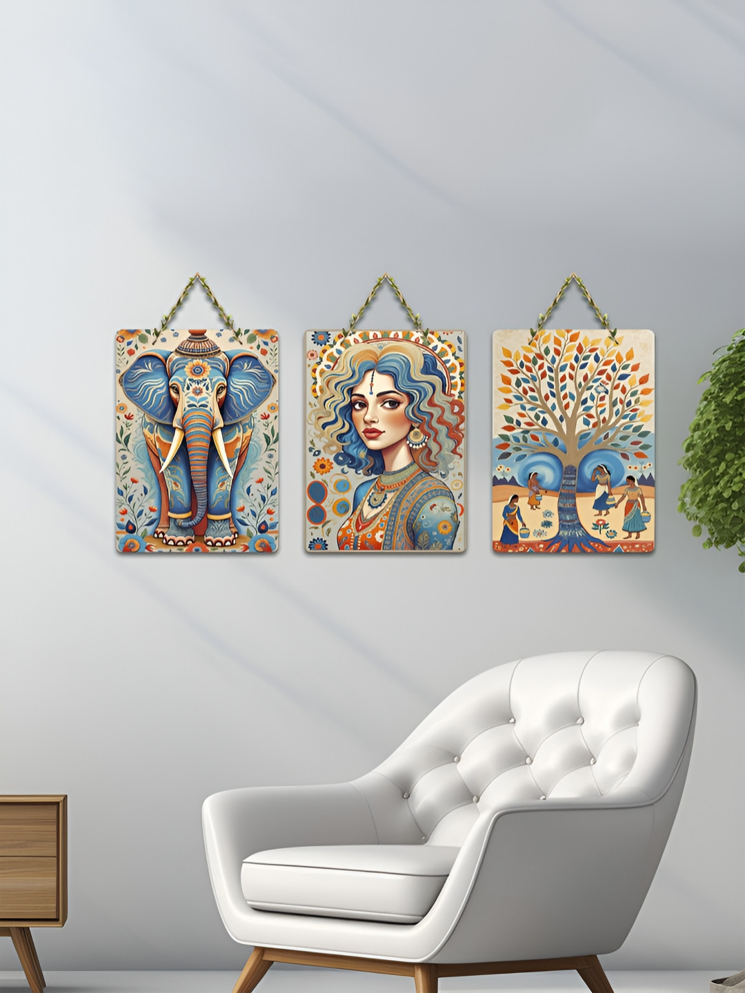 ArtVibes Beige & Blue 3 Pieces Elephant Elegance & Earth Printed Wooden Hanging Wall Arts