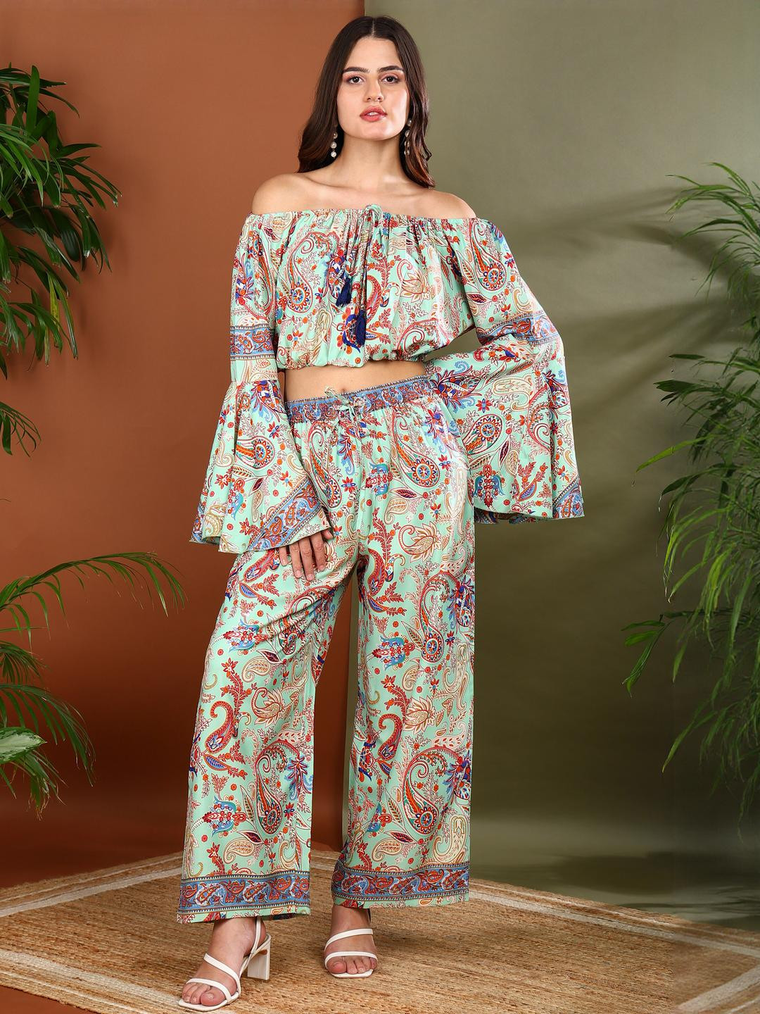 Yash Gallery Womens Printed Off-Shoulder Top & Trouser Co-Ord Set