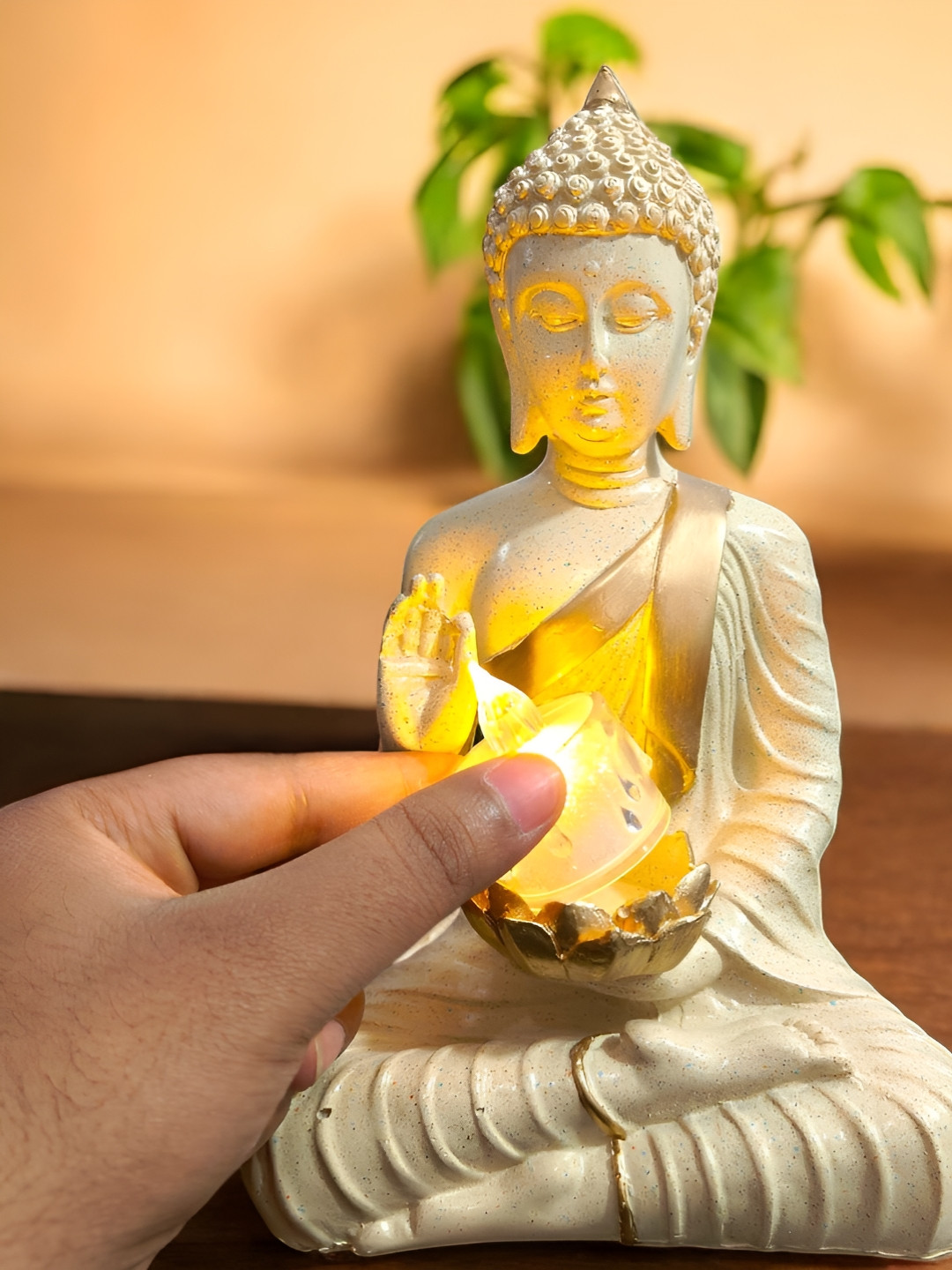 SkyKey White & Gold-Tone Polyresin Sitting Buddha Idol with Candle Holder Statue Showpiece