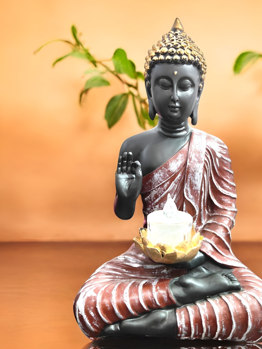 SkyKey Maroon & Gold-Toned Polyresin Sitting Buddha Idol With Candle Holder Statue