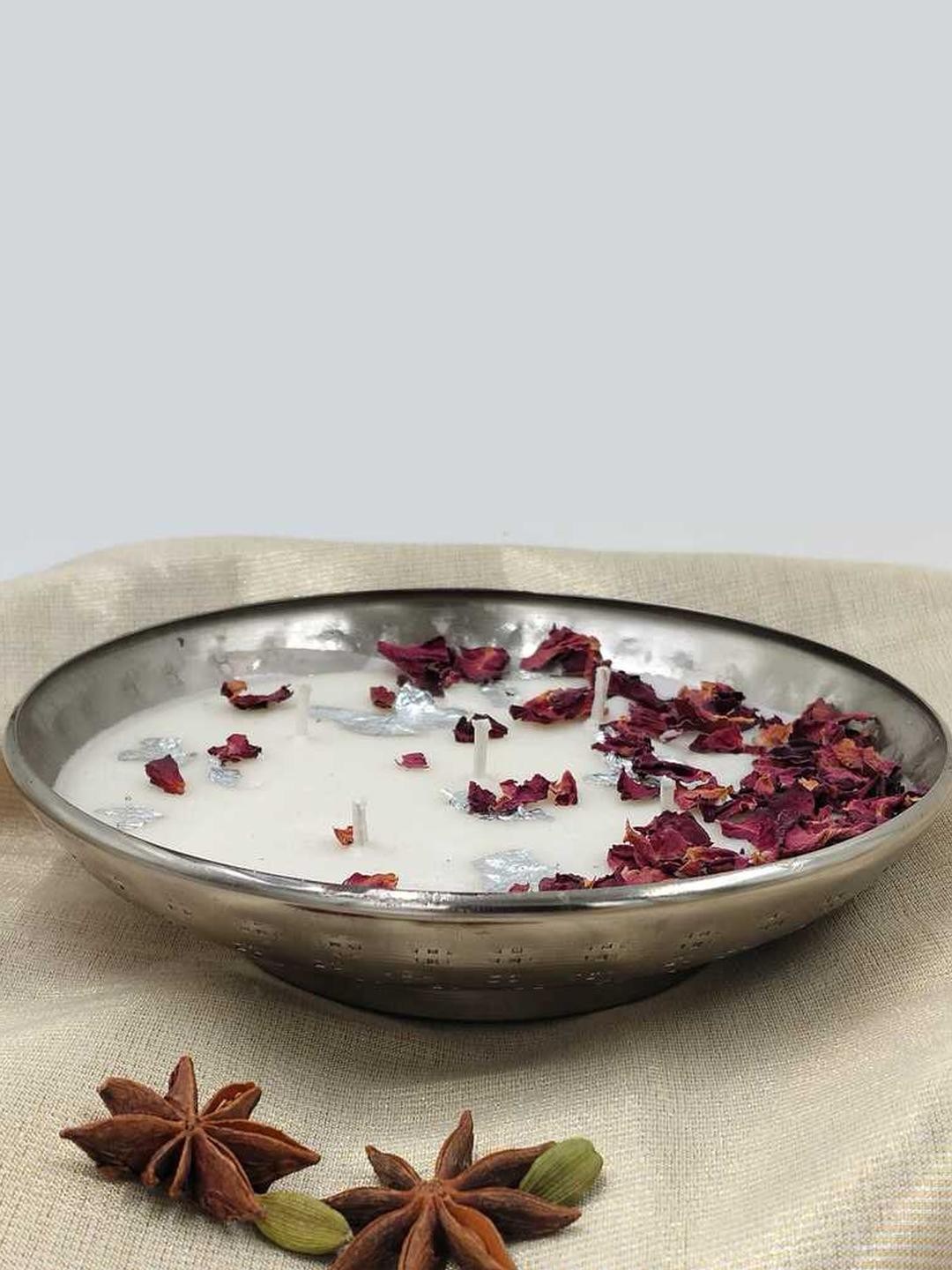 LIGHT JEWELS Silver Metal wax filled Urli Candle,Classic,Soy Blend Classic Vanilla Diyas Candles