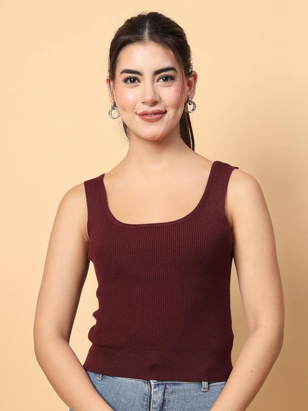 Mafadeny Women Sleeveless Scoop Neck Ribbed Knit Tank Top