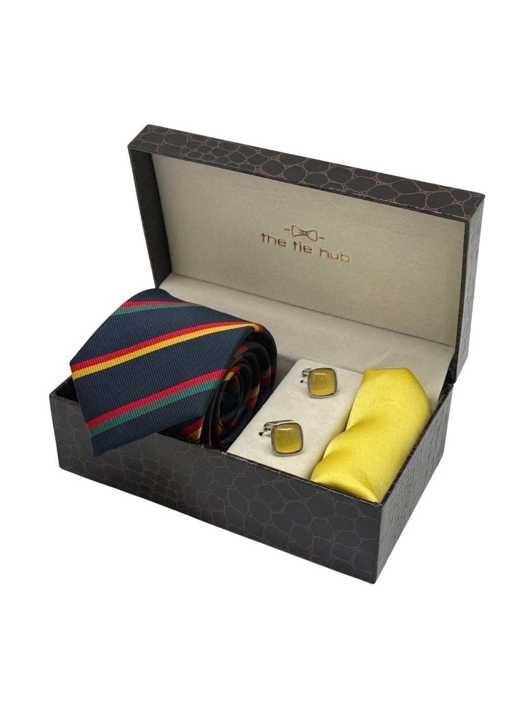 The Tie Hub Men Accessory Gift Set of Stripe Necktie with Yellow Cufflinks & Pocket Square