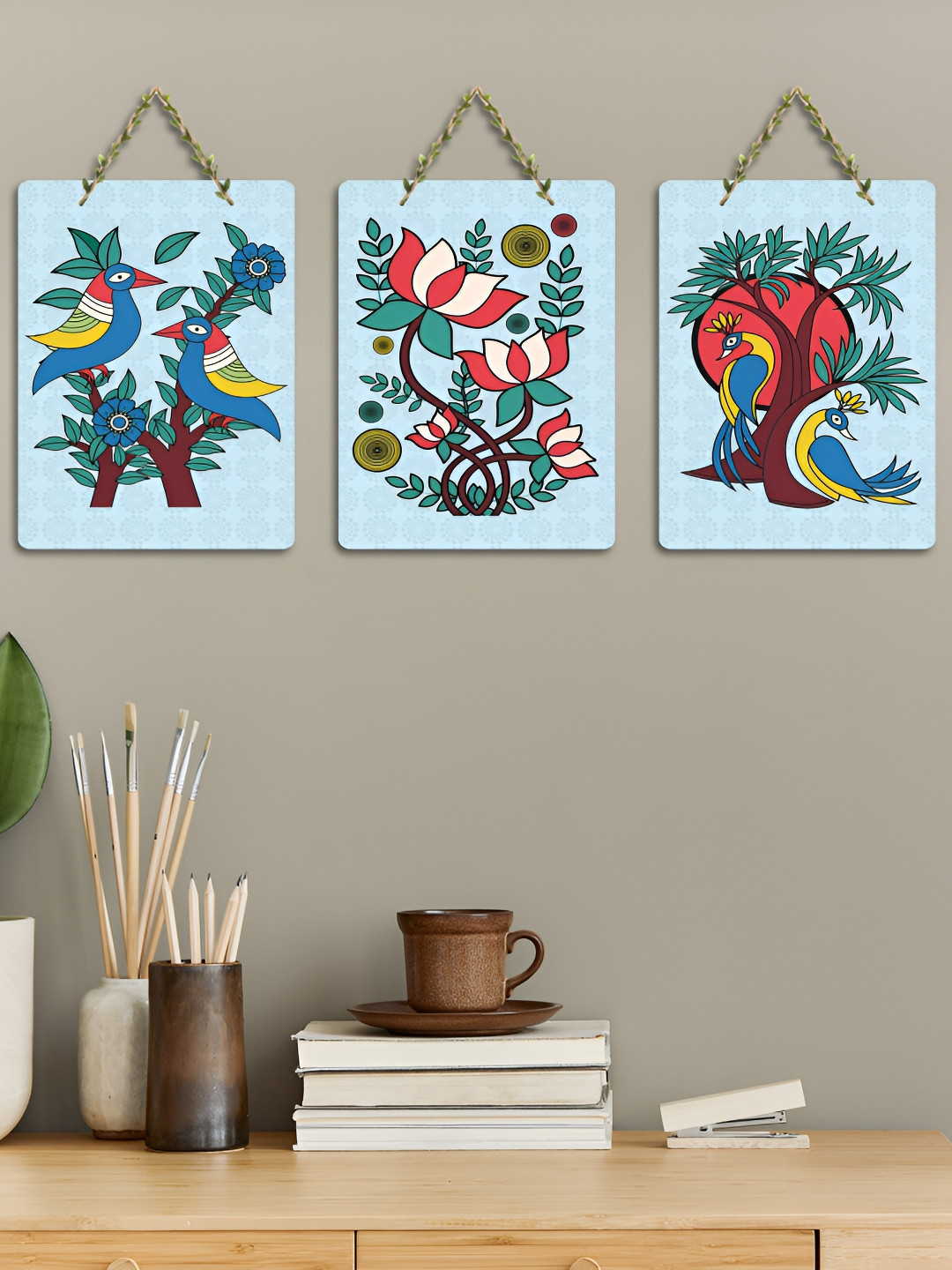 ArtVibes Blue & Green 3 Pieces Kalamkari Art Printed Wooden Hanging Wall Arts