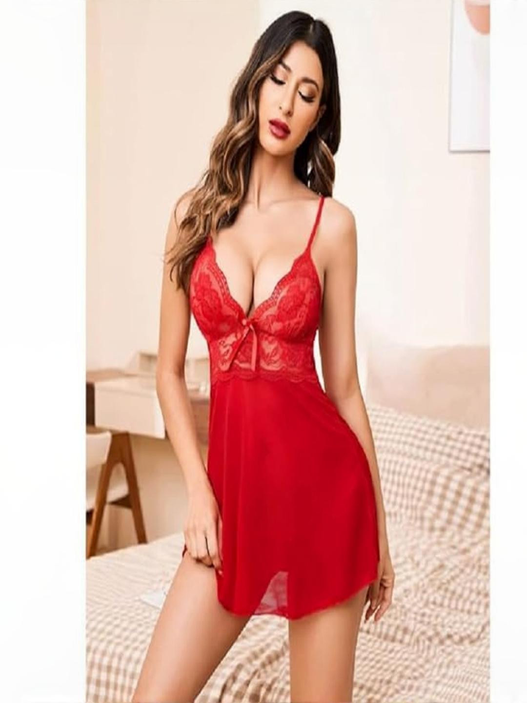 LOURYN KOULYN Women Red Cotton Blend Nightdress