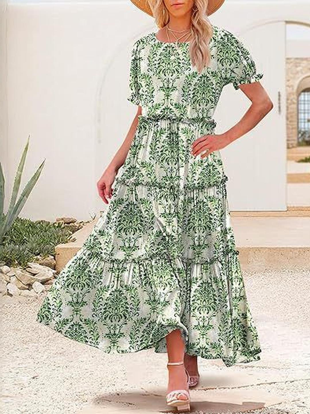 Green Floral Print Puff Sleeve Maxi Dress