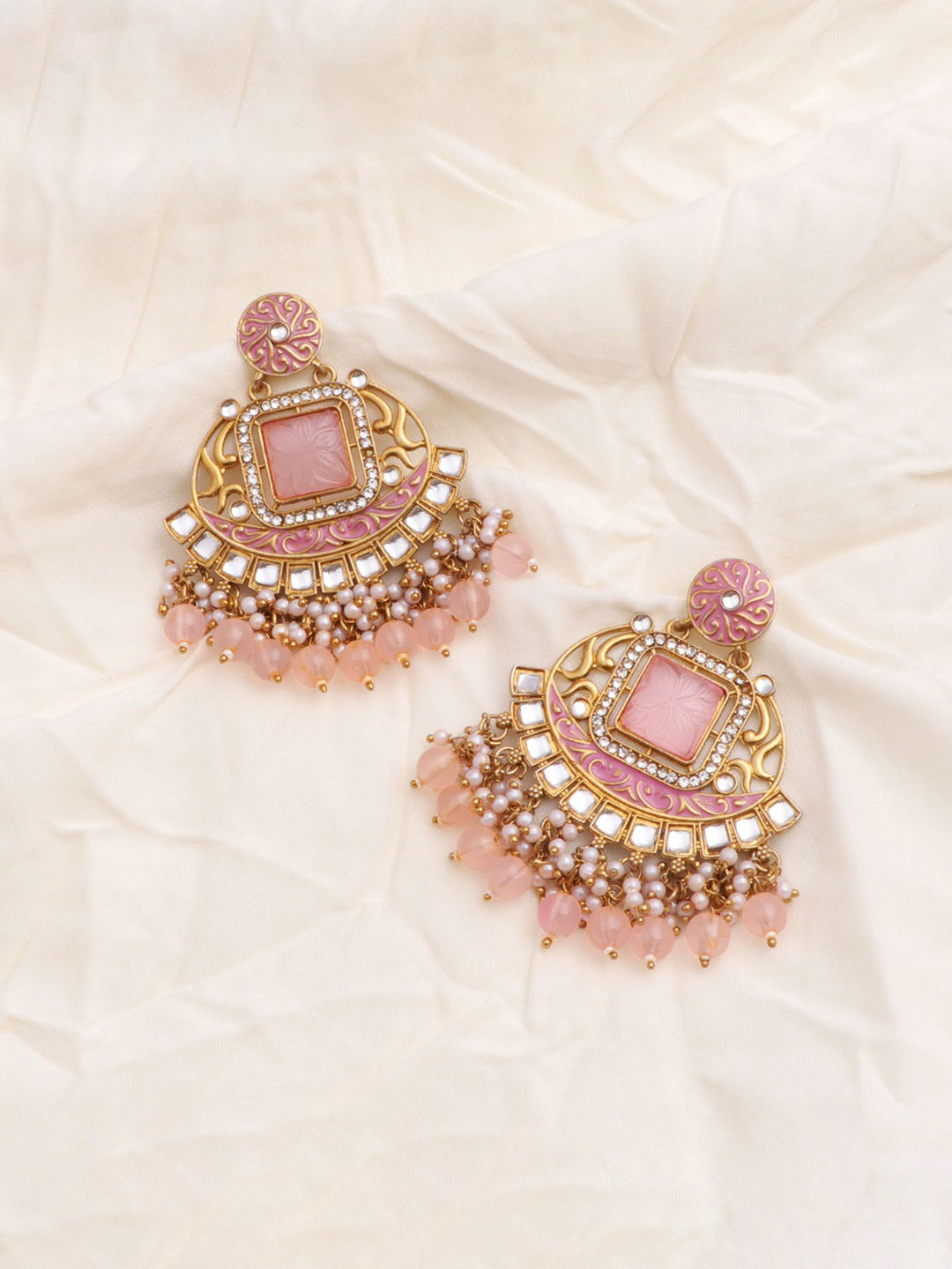 CAPILITE Jewellers Brass-Plated Kundan Studded & Pearls Beaded Square Shaped Drop Earrings