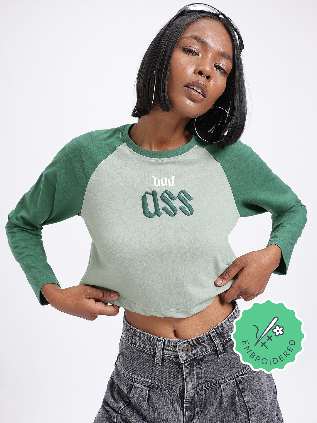 glitchez Embroidered Raglan Sleeve Crop T-shirt